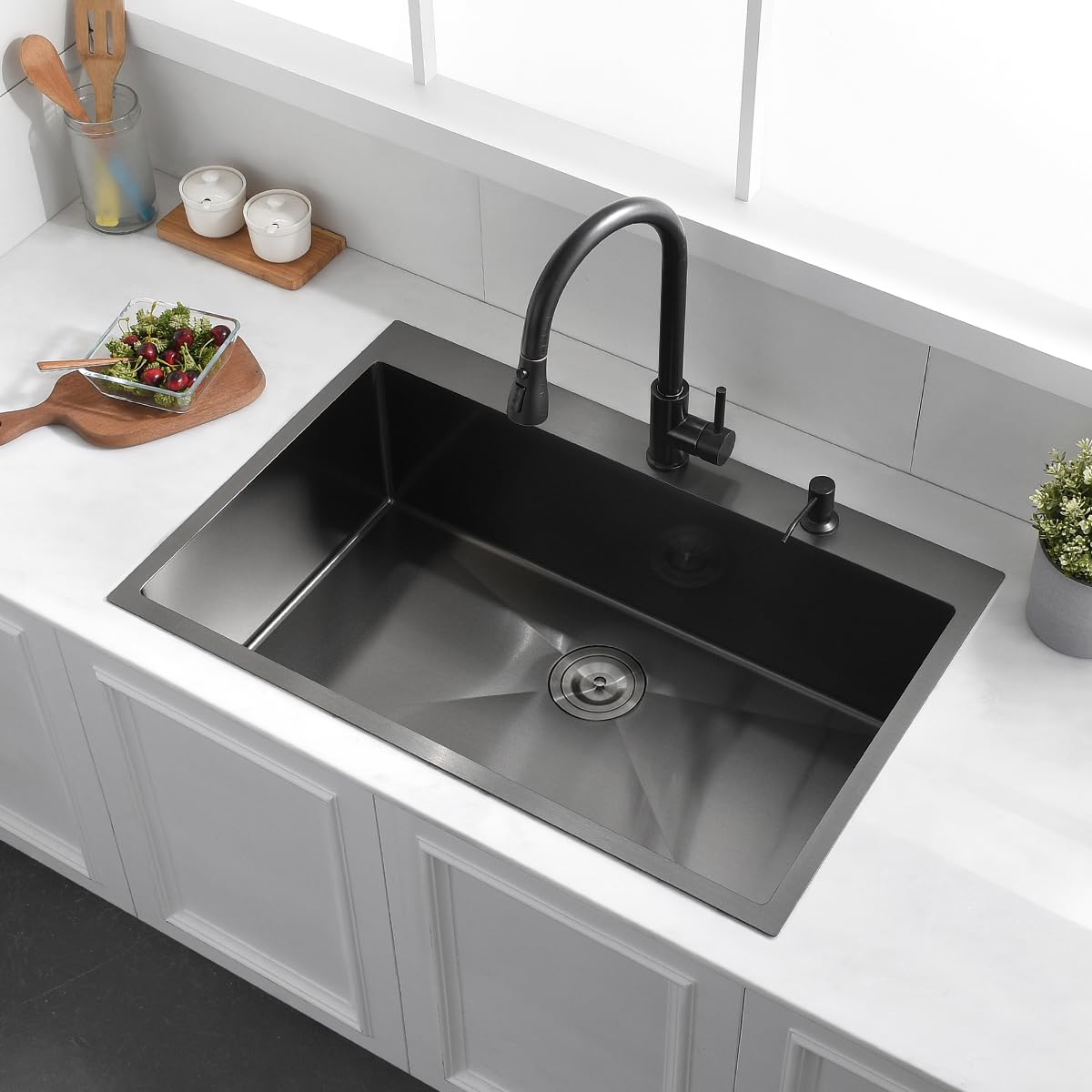 33 Black Drop in Kitchen Sink, Luckyhorse 33x22 Inches 16 Gauge